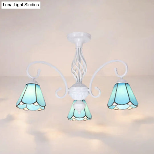 Vintage Rustic Stained Glass Semi Flush Mount Light With Shade - White/Sky Blue/Blue Sky Blue