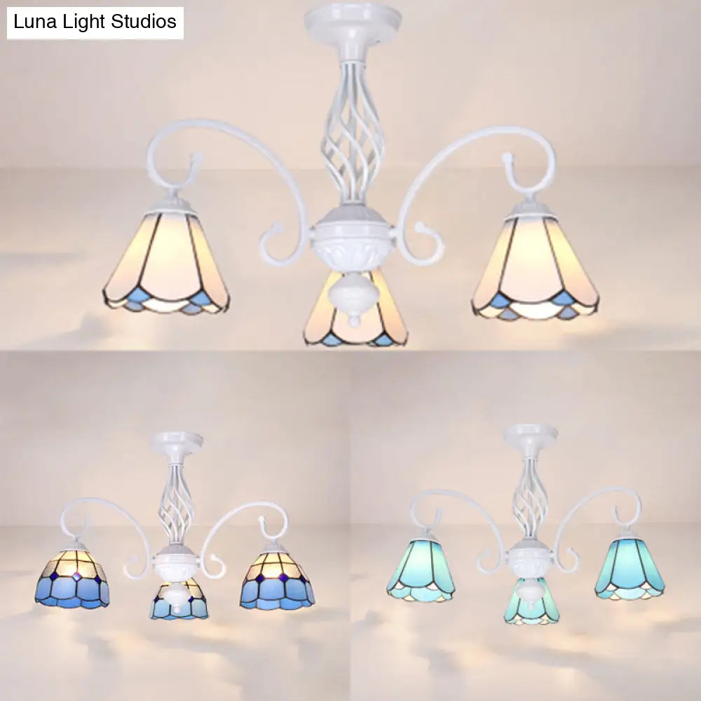Vintage Rustic Stained Glass Semi Flush Mount Light With Shade - White/Sky Blue/Blue