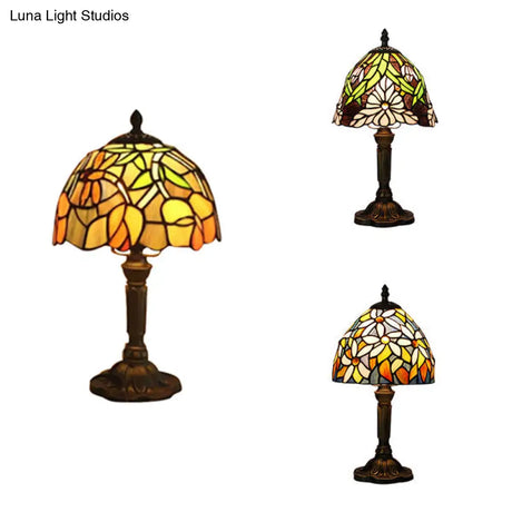 Vintage Rustic Stained Glass Table Lighting With Bronze Stand - Coffee Shop Décor
