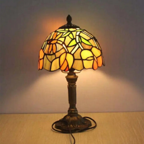 Vintage Rustic Stained Glass Table Lighting With Bronze Stand - Coffee Shop Décor / Dragonfly