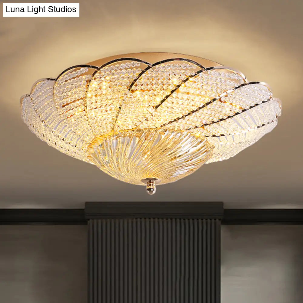 Vintage Scalloped Flush Light With Crystal Beads In Gold - 13’/16.5’/20.5’ W Yellow/White