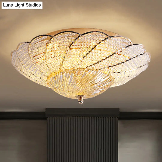 Vintage Scalloped Flush Light With Crystal Beads In Gold - 13’/16.5’/20.5’ W Yellow/White