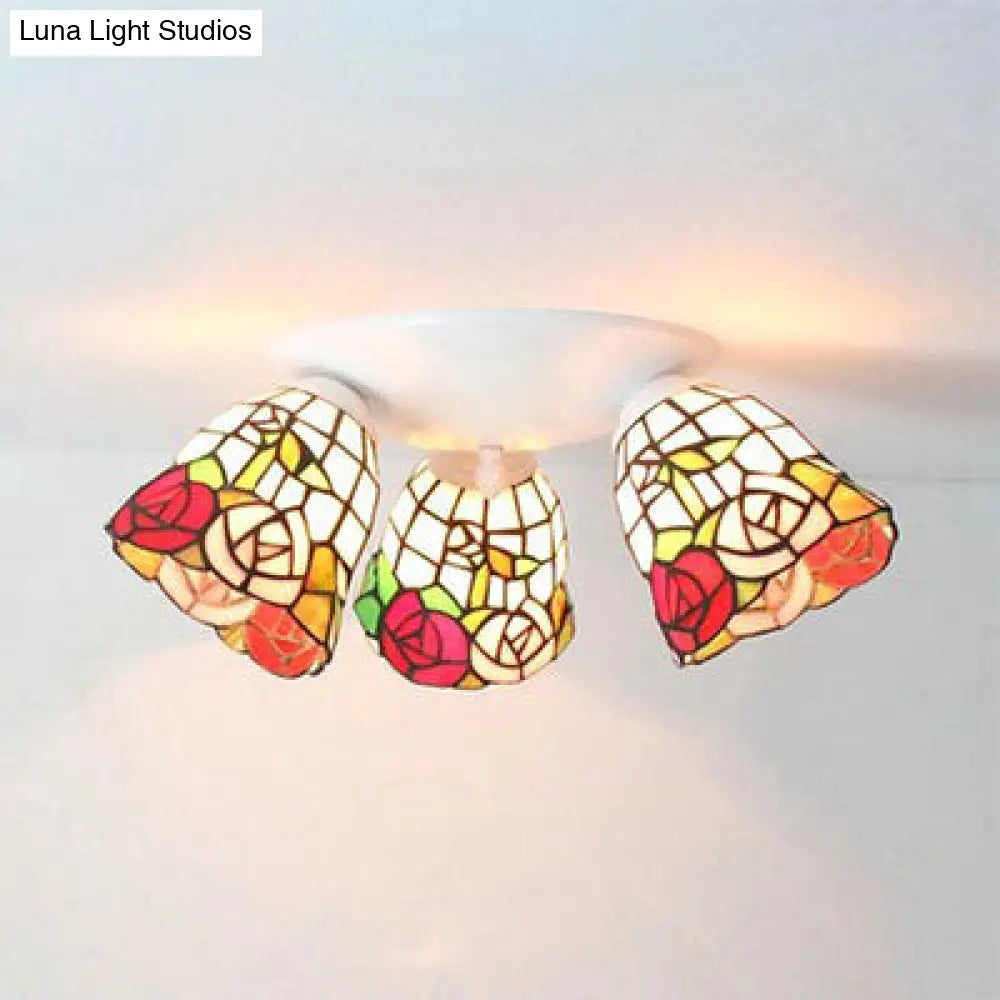Vintage Scalloped Glass Ceiling Light With Floral Patterns And 3 Lights In White / Rose