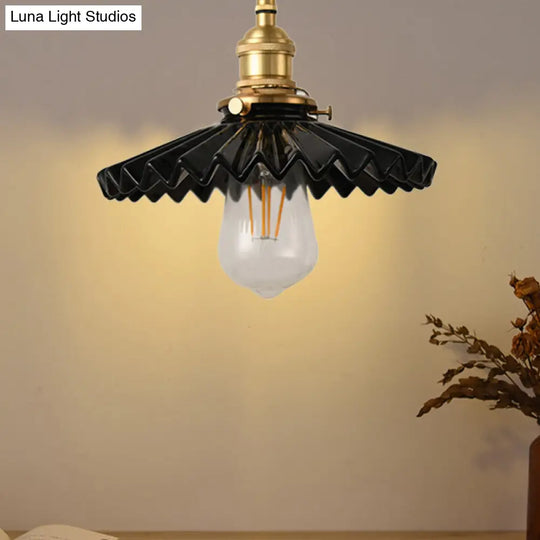 Vintage Scalloped Iron Pendant Ceiling Light: Single Hanging Lamp For Dining Room In Black/White