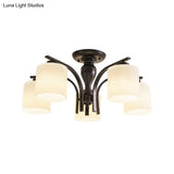 Vintage Semi-Mount Ceiling Light In Black With White Glass Cylinder - 3/5/8 Lights For Living Room