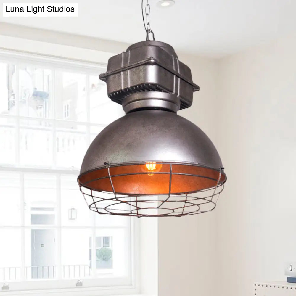 Vintage Silver Cage Pendant Ceiling Light - Metallic Hanging Lamp With Dome Shape