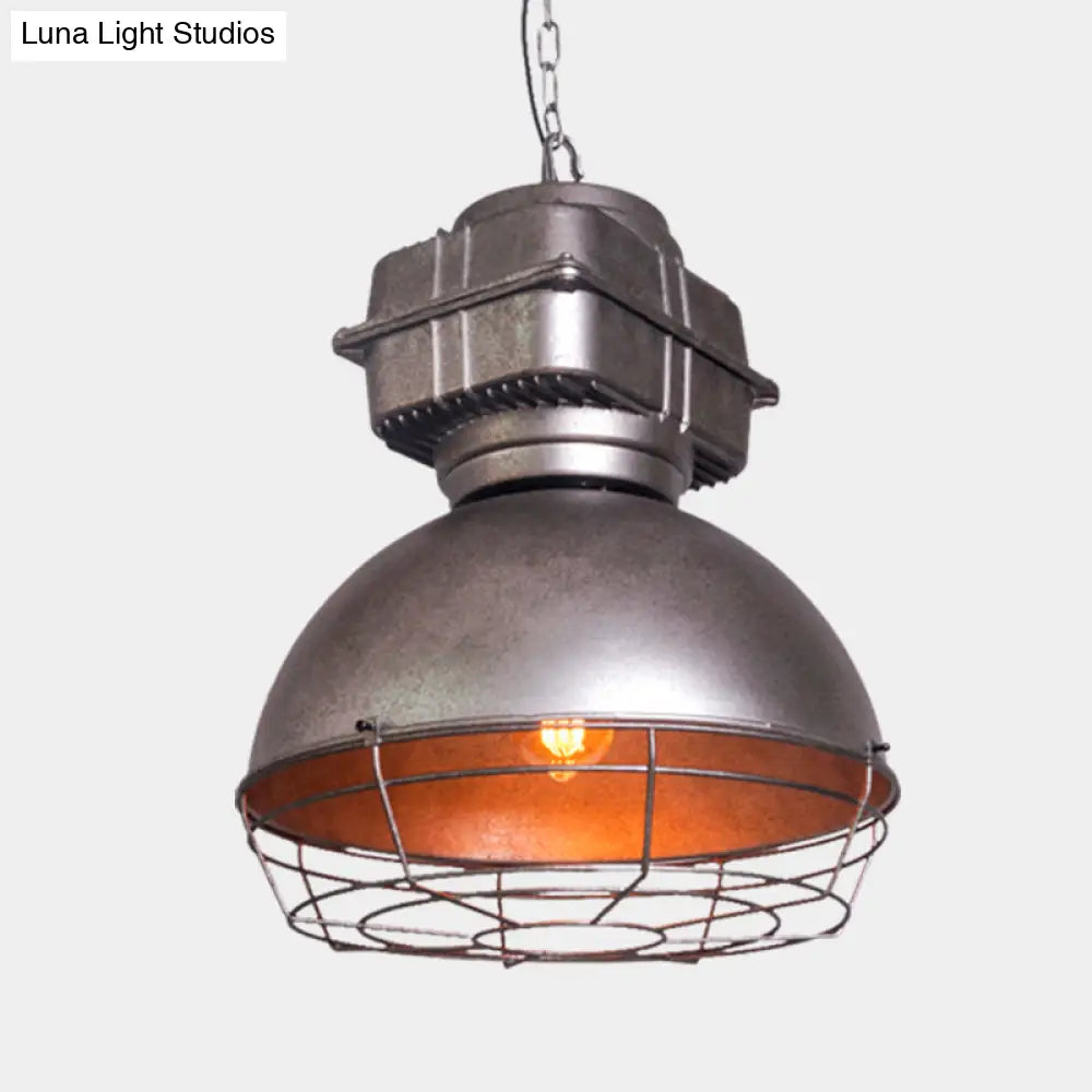 Vintage Dome Pendant Ceiling Light - Silver Metallic 1-Head Hanging Lamp With Cage