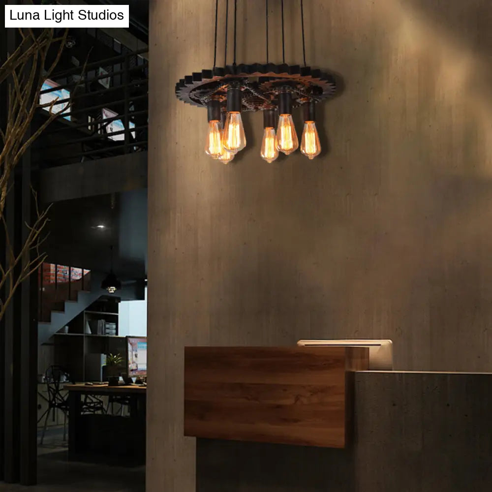 Vintage Silver Gray Gear 6-Head Metallic Chandelier Pendant Ceiling Light For Restaurants
