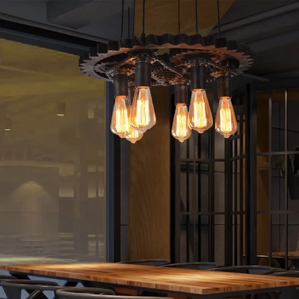 Vintage Silver Gray Gear 6-Head Metallic Chandelier Pendant Ceiling Light For Restaurants