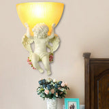 Vintage Silver/White/Beige Resin Angel Wall Lamp With Amber Fluted Glass Shade Beige