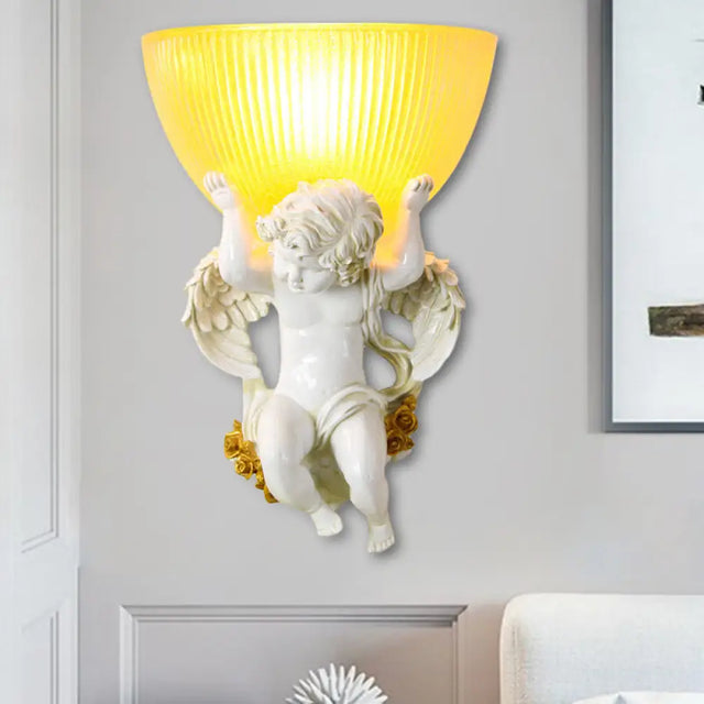Vintage Silver/White/Beige Resin Angel Wall Lamp With Amber Fluted Glass Shade White