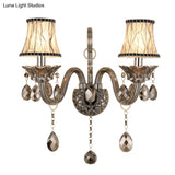 Vintage Smoke Gray Crystal Bell Sconce - Half-Bulb Retro Wall Lamp With Fabric Shade For Living Room