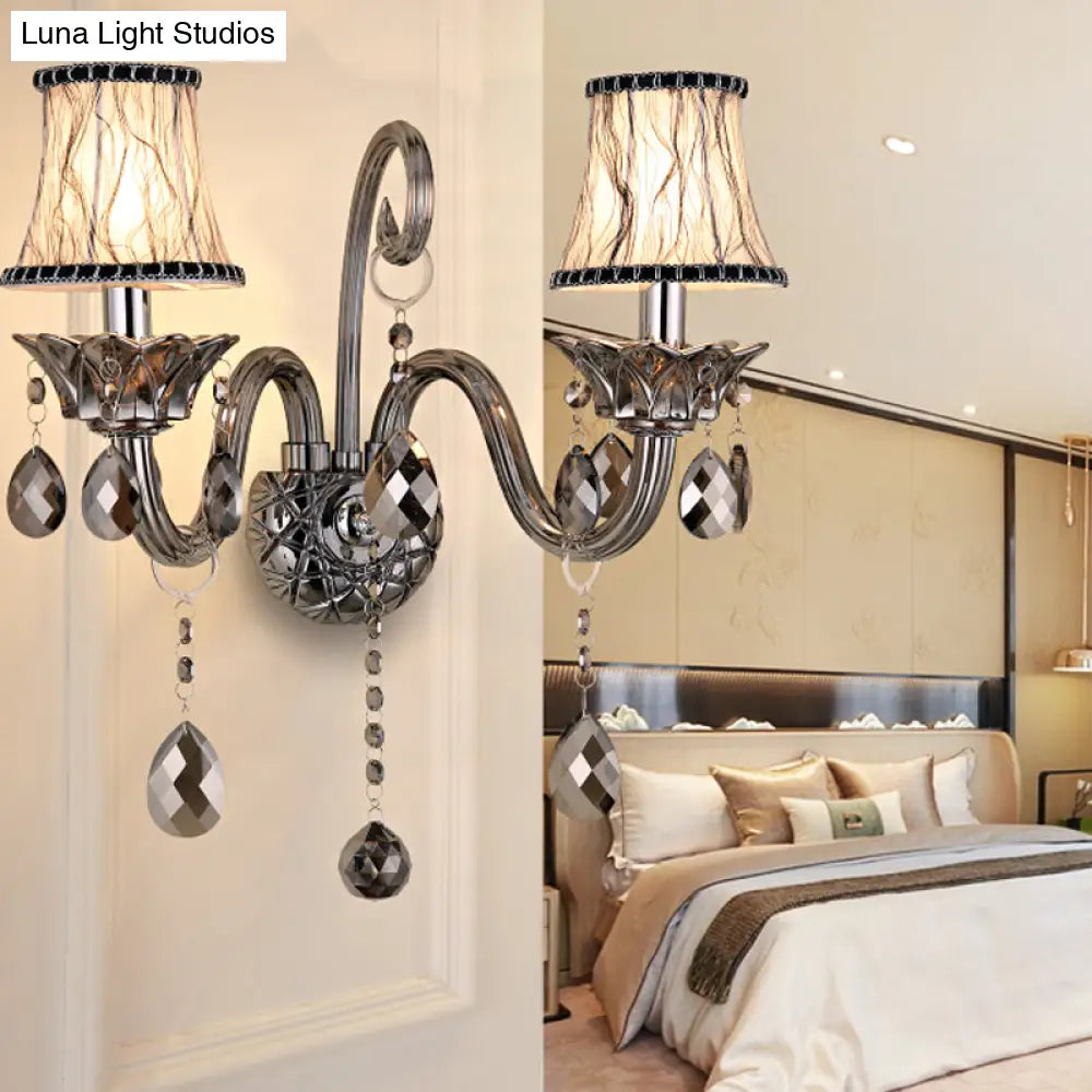 Vintage Smoke Gray Crystal Bell Sconce - Half-Bulb Retro Wall Lamp With Fabric Shade For Living Room
