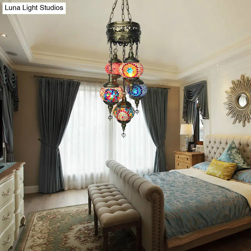 Vintage Stained Art Glass Chandelier - 5-Light Fixture For Bedroom Décor Orange/Blue