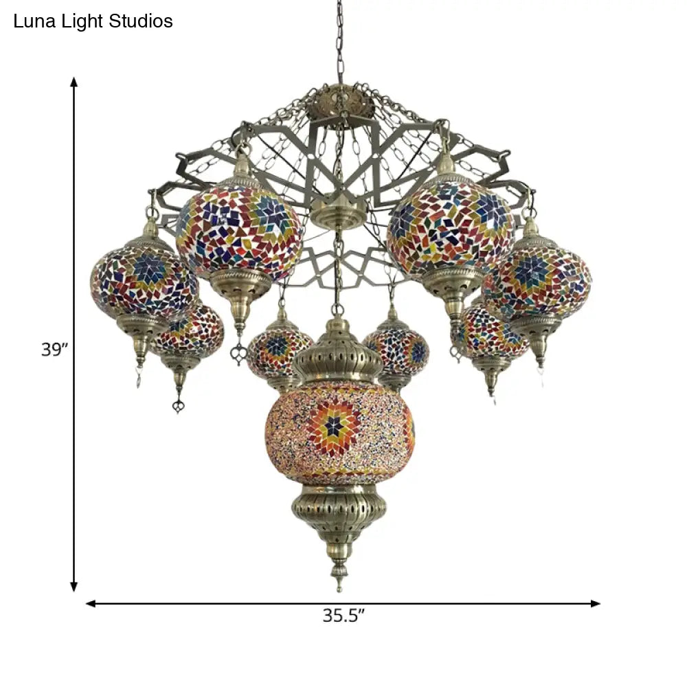 Vintage Stained Art Glass Chandelier - Red/Blue 9-Head Ceiling Light Fixture