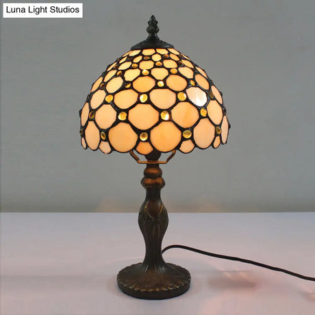 Vintage Stained Glass Accent Lamp With Domed Head - Beige Bedside Decor