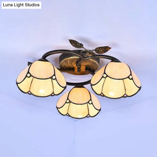 Vintage Stained Glass Bowl Ceiling Light Fixture 3 Lights Industrial Style - White/Blue/Beige Beige