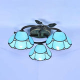 Vintage Stained Glass Bowl Ceiling Light Fixture 3 Lights Industrial Style - White/Blue/Beige Blue