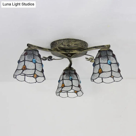 Vintage Stained Glass Ceiling Light - Conic Flushmount With Art Pattern 3 Lights