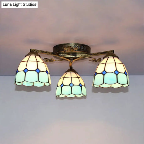 Vintage Stained Glass Ceiling Light - Conic Flushmount With Art Pattern 3 Lights