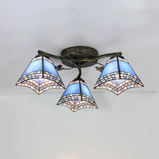 Vintage Stained Glass Ceiling Light - Conic Flushmount With Art Pattern 3 Lights Antique Bronze /