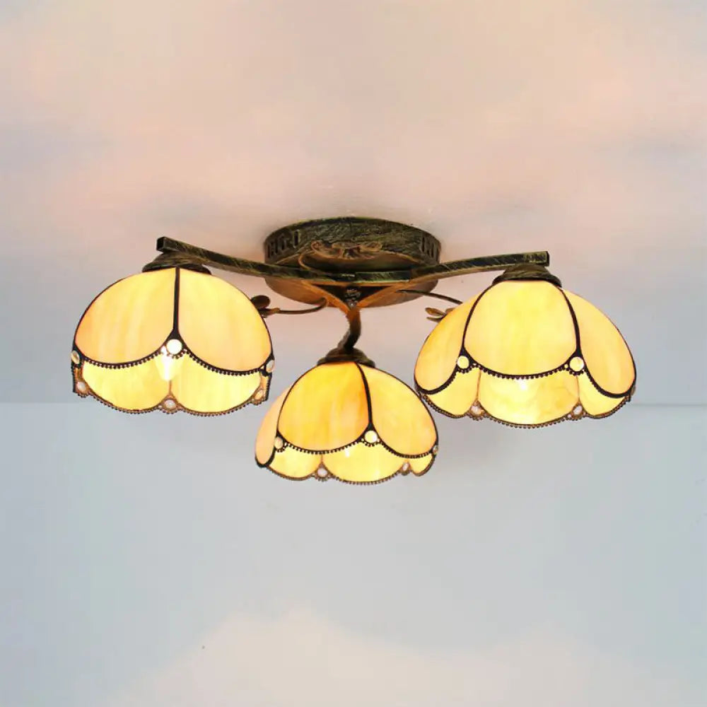 Vintage Stained Glass Ceiling Light - Conic Flushmount With Art Pattern 3 Lights Antique Bronze /