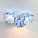 Vintage Stained Glass Ceiling Light Fixture - 3 - Light Industrial Domed Design In Blue Tones