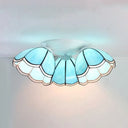 Vintage Stained Glass Ceiling Light Fixture - 3 - Light Industrial Domed Design In Blue Tones