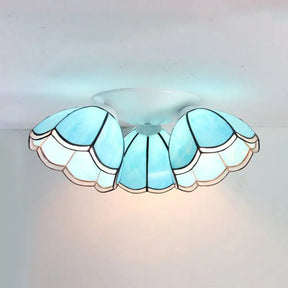 Vintage Stained Glass Ceiling Light Fixture - 3 - Light Industrial Domed Design In Blue Tones