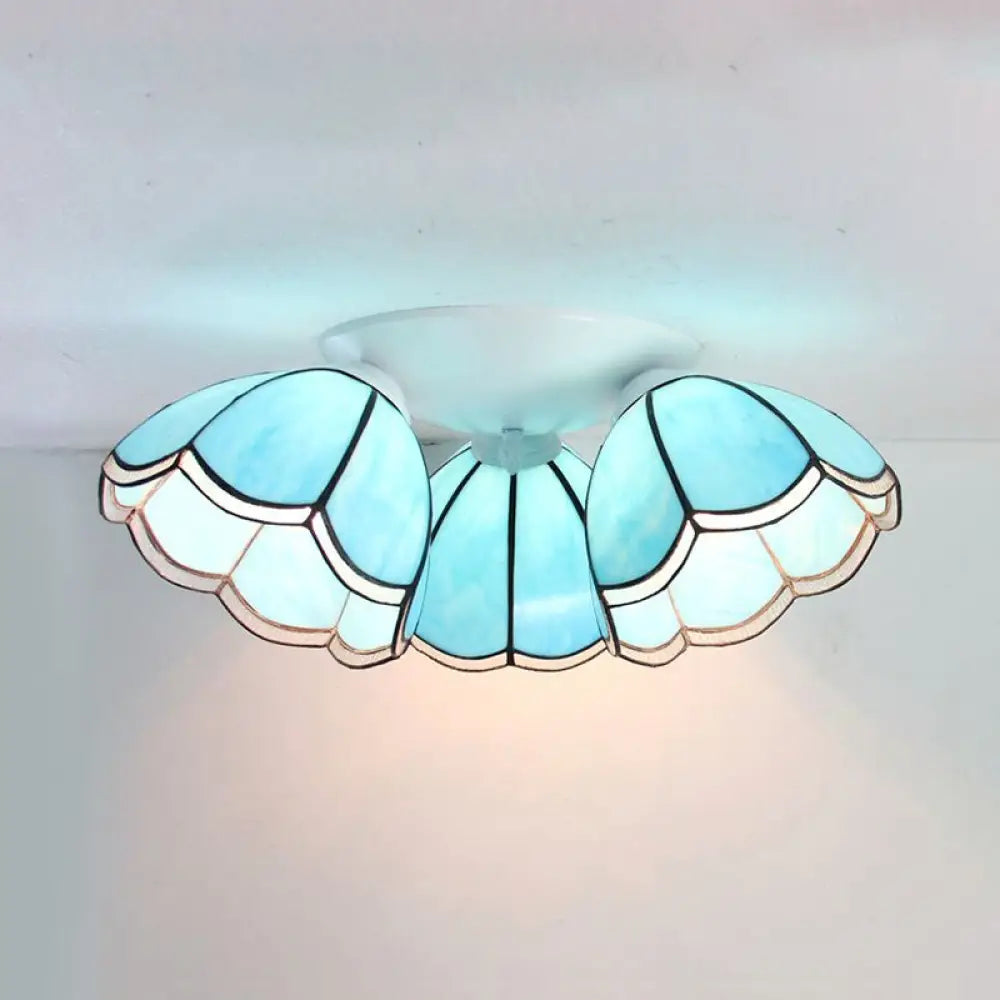 Vintage Stained Glass Ceiling Light Fixture - 3 - Light Industrial Domed Design In Blue Tones