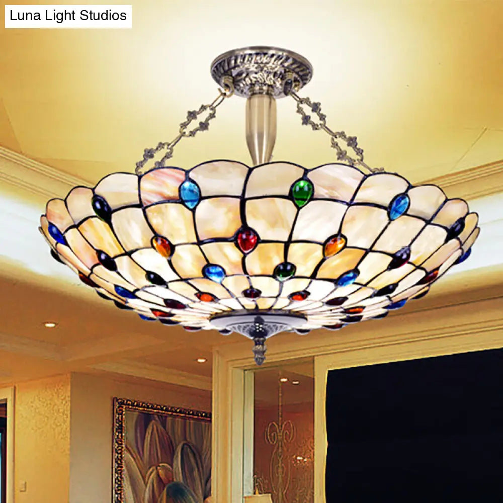 Stained Glass Vintage Bowl Ceiling Light With 4 Heads In Beige