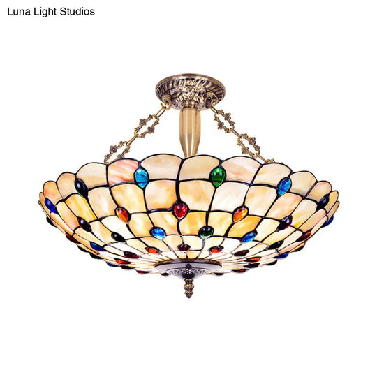 Stained Glass Vintage Bowl Ceiling Light With 4 Heads In Beige