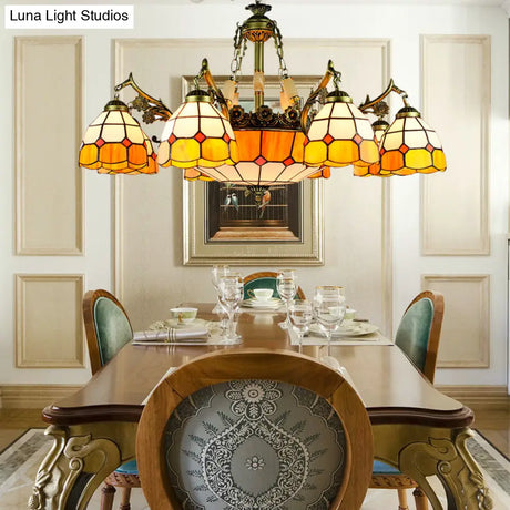 Vintage Stained Glass Ceiling Light With Multiple Bulb Options - Yellow Semi-Globe Design For