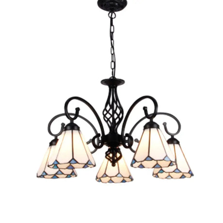 Vintage Stained Glass Chandelier Handcrafted Floral Hanging Light For Hall 5 / White