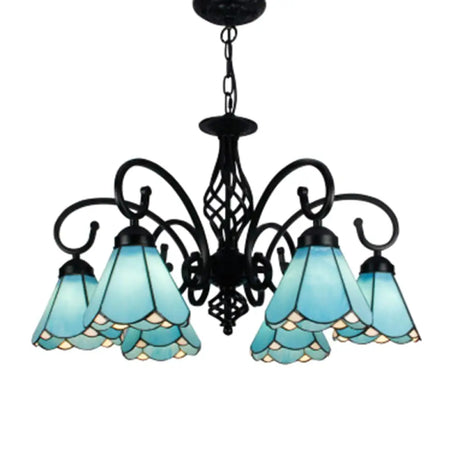 Vintage Stained Glass Chandelier Handcrafted Floral Hanging Light For Hall 6 / Blue