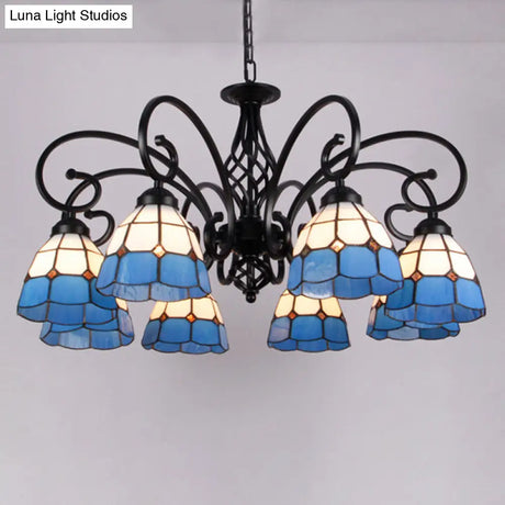 Vintage Stained Glass Chandelier Handcrafted Floral Hanging Light For Hall
