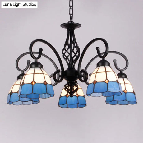 Vintage Stained Glass Chandelier Handcrafted Floral Hanging Light For Hall