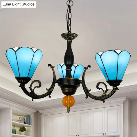 Vintage Stained Glass Chandelier: Sky Blue Conic Shape 3 Lights - Decorative Hanging Light For
