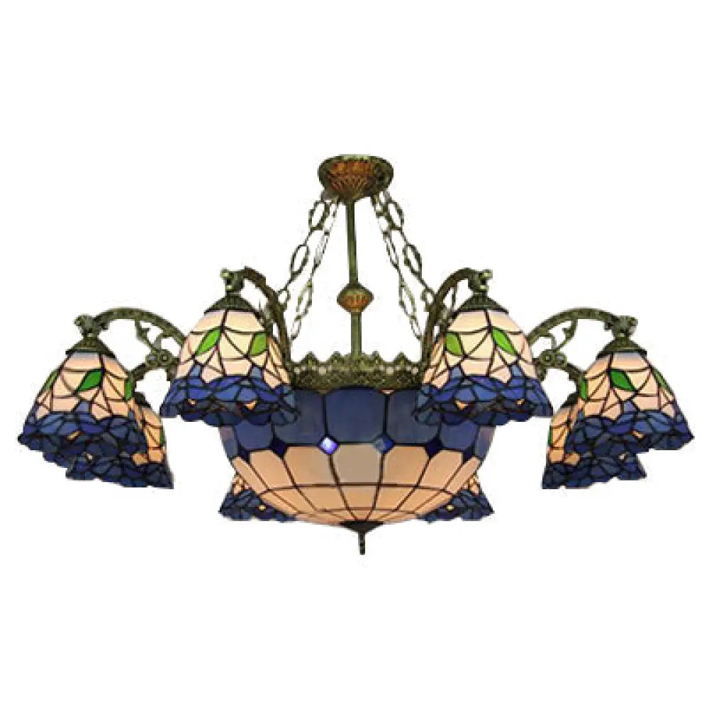 Vintage Stained Glass Chandelier With Flared Suspension And Blue Bowl Shade