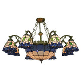 Vintage Stained Glass Chandelier With Flared Suspension And Blue Bowl Shade