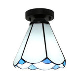 Vintage Stained Glass Conic Ceiling Light Fixture In White/Clear/Beige For Bedroom White