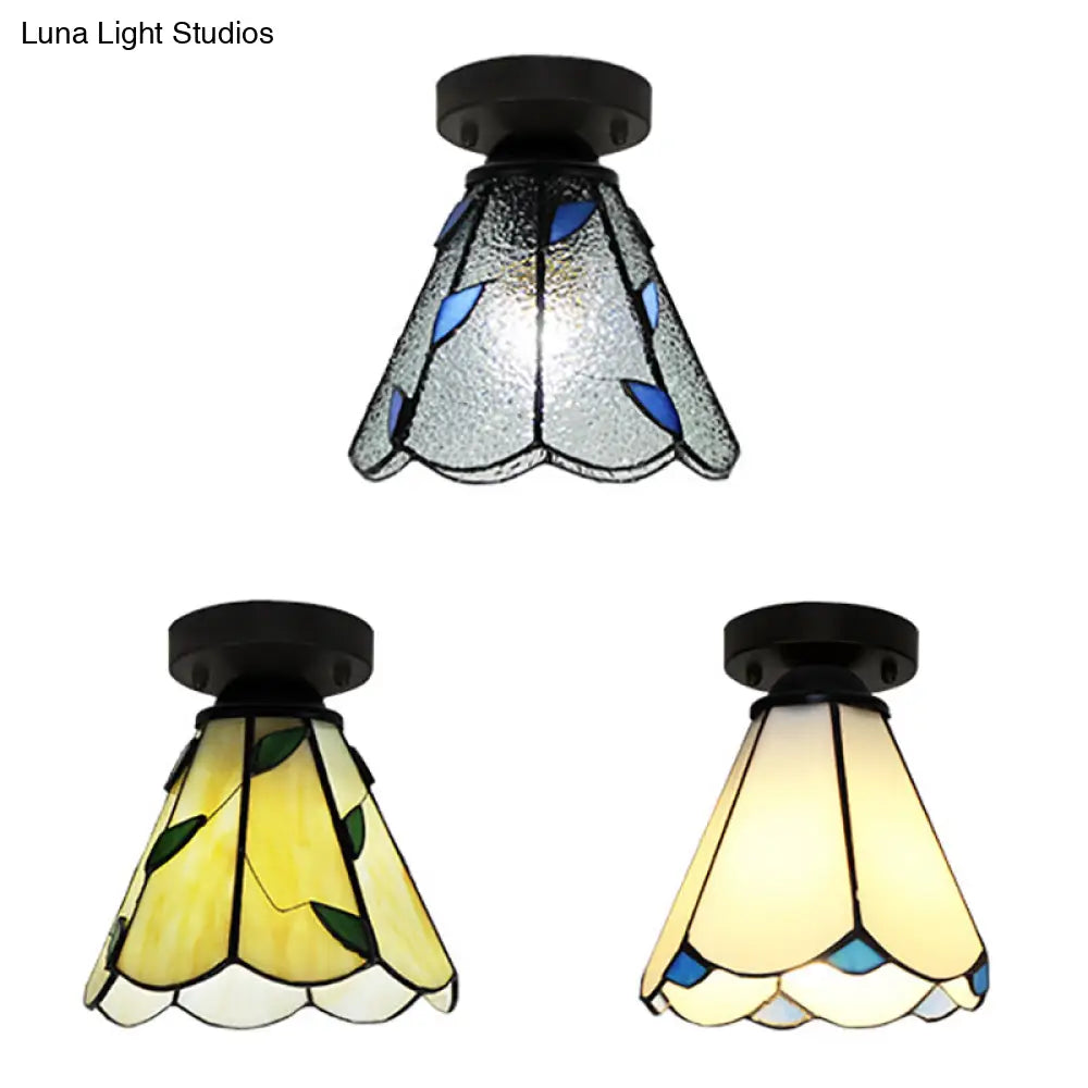 Vintage Stained Glass Conic Ceiling Light Fixture In White/Clear/Beige For Bedroom