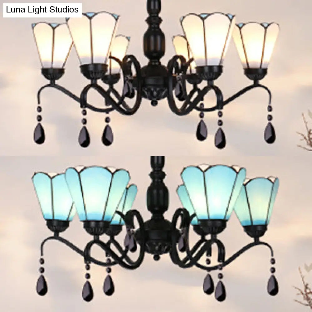 Vintage Stained Glass Conic Pendant Light - 6-Light Ceiling Fixture With Crystal For Bedroom