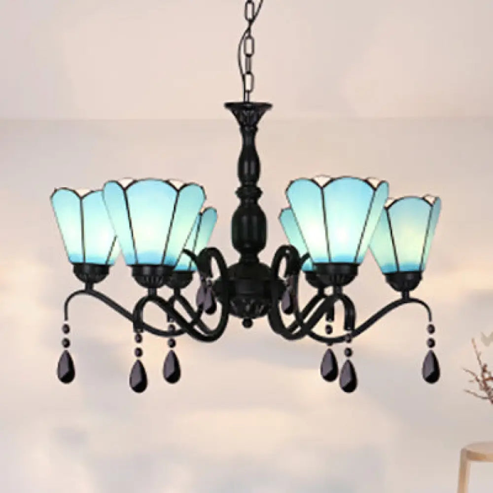 Vintage Stained Glass Conic Pendant Light - 6-Light Ceiling Fixture With Crystal For Bedroom