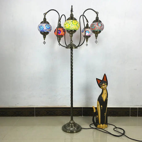 Vintage Stained Glass Curved Arm Floor Lamp - Yellow/Blue 5-Head Standing Light For Reading Yellow