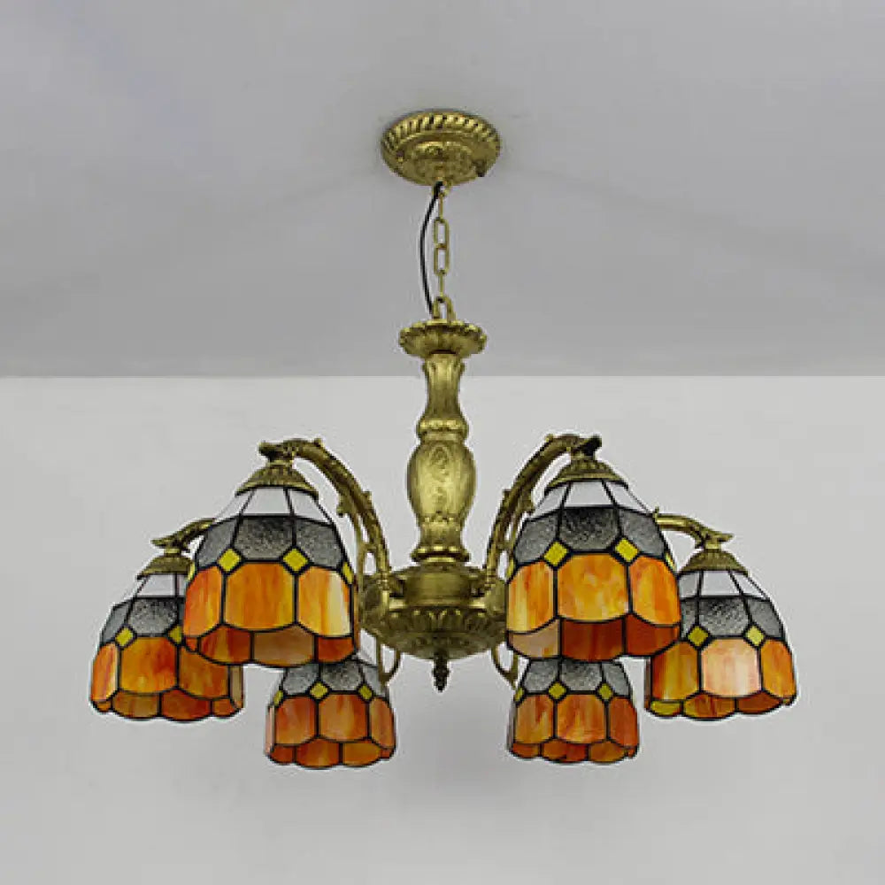 Vintage Stained Glass Dome Chandelier With 6 Colorful Lights Orange