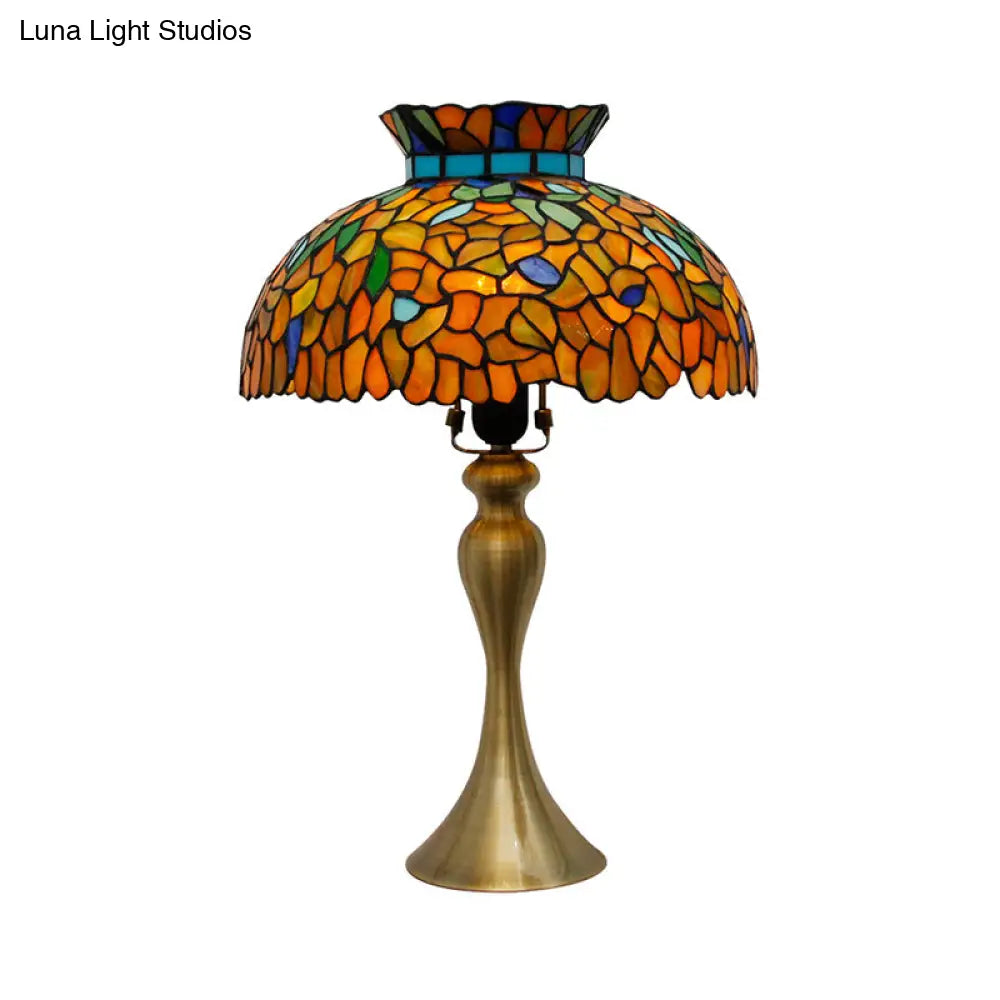 Vintage Stained Glass Dome Nightstand Lamp With Mermaid Base - Brass Desk Lighting