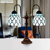 Vintage Stained Glass Dome Table Lamp With Industrial Accent In Blue - 2 Lights Ideal For Bedside