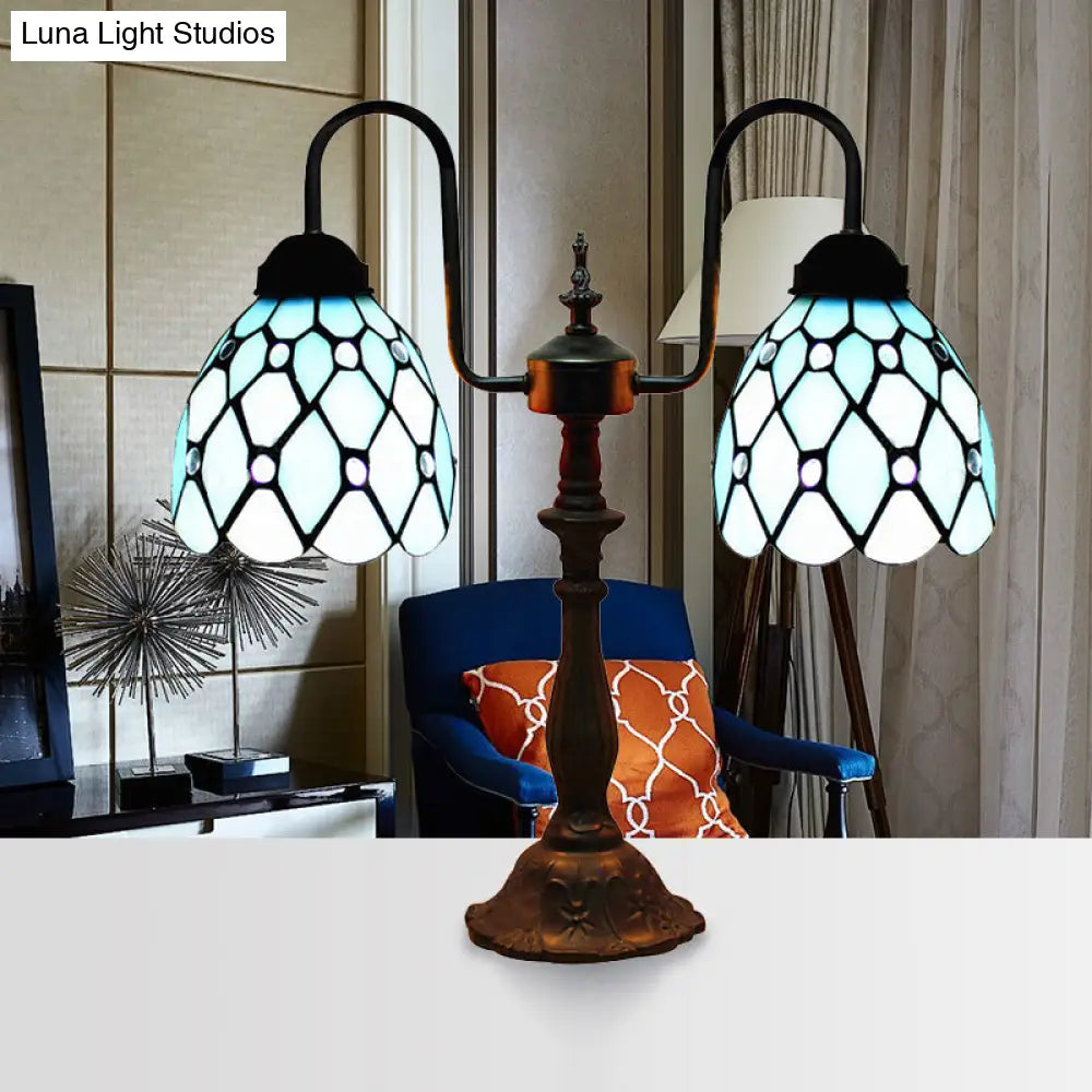 Vintage Stained Glass Dome Table Lamp With Industrial Accent In Blue - 2 Lights Ideal For Bedside