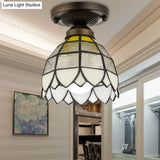 Vintage Stained Glass Domed Flush Mount Light Fixture For Bedroom